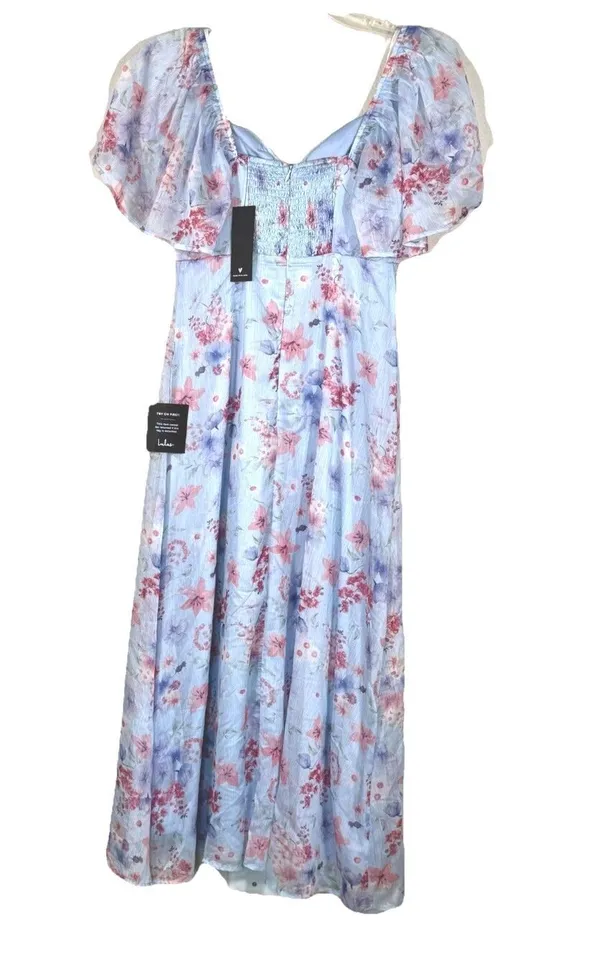 Lulus Valla Light Blue Floral Flutter Sleeve Bustier Midi Dress NWT Size XS - Image 3