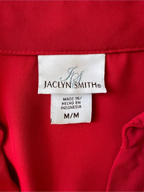 Jaclyn Smith Red Satin Ruffle Button Front 3/4 Balloon Sleeve Blouse Women’s M - Image 4