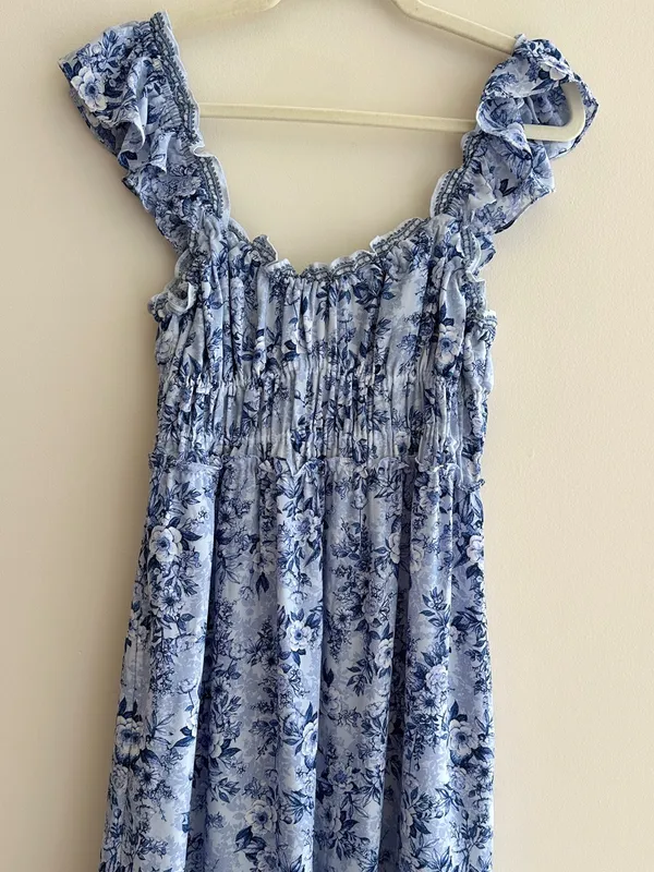 Max Studio Ruffle Cap Sleeve Tiered Maxi Dress, Light Blue Floral, Size Small - Image 3
