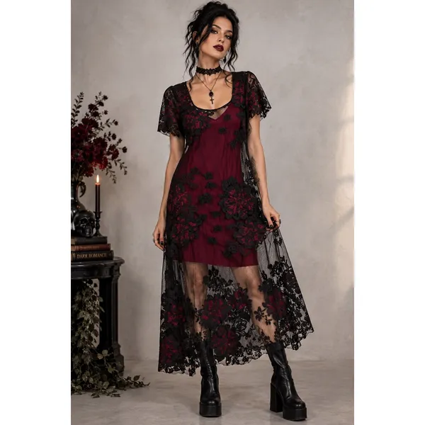 Tracy Reese Mesh Floral Midi Dress S Black Burgundy Gothic Whimsigoth Dark Moody - Image 9