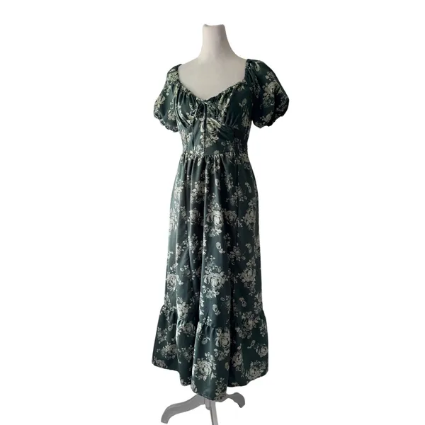 Hint of Blush Green Floral Print Smocked Waist Puff Sleeve Maxi Dress - Image 2