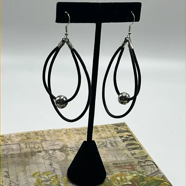 Double Leather Corded Dangling Earrings w/ Silver-Tone Bead Choice of Closure - Image 3