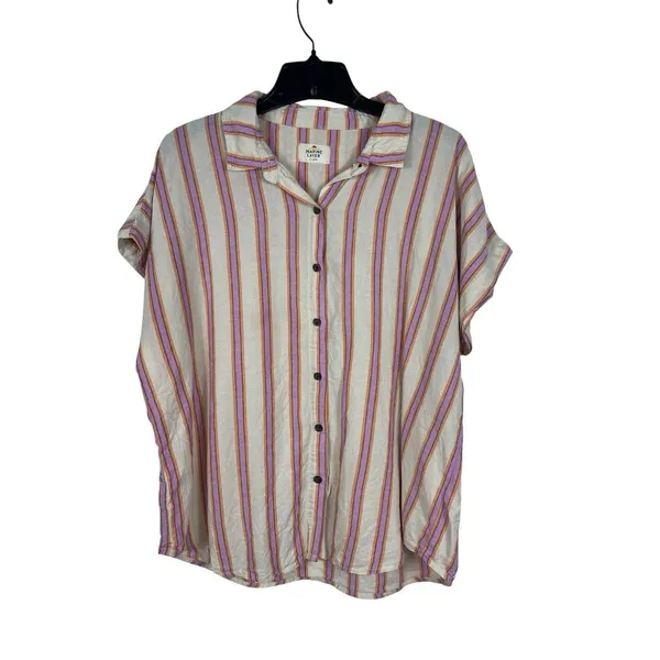 Marine Layer XL Striped Button Front Shirt Shorts Pajama Set Linen Tencel READ - Image 3