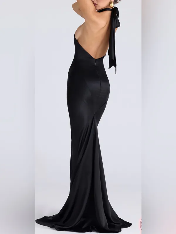 NEW House of CB Oliviana Halter cutout Black Satin Maxi gown sz XS - Image 4