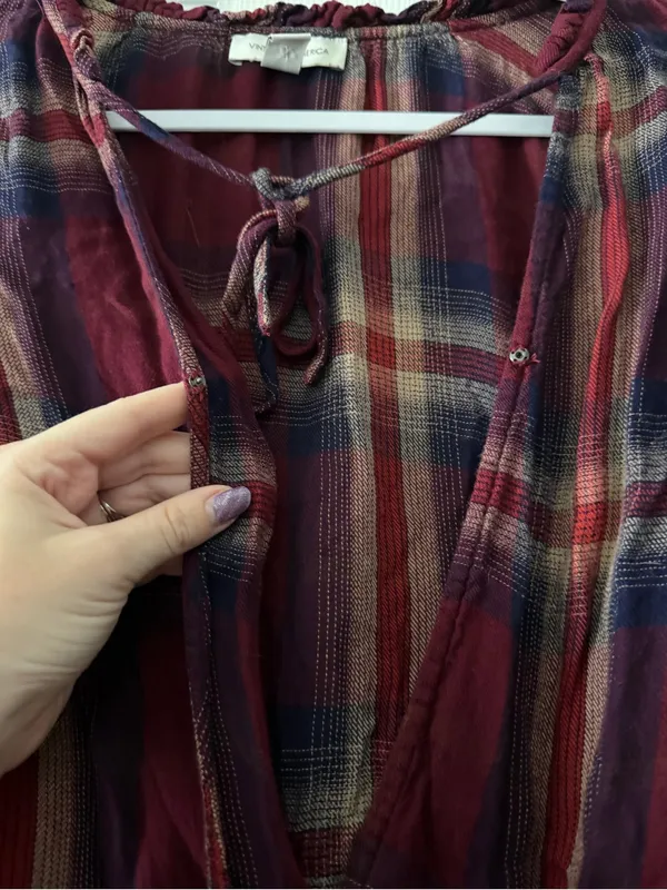 Vintage America Tiffany Plaid Surplice Blouse Roll Tab Sleeve Medium - Image 4