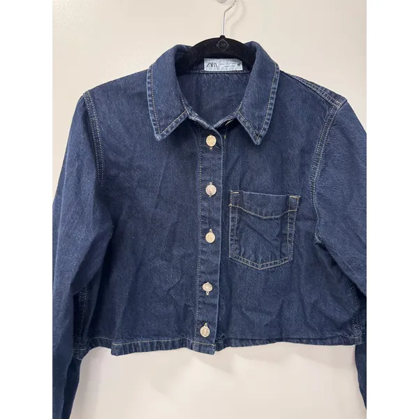 Zara Trucker Jacket Women's Medium Blue Cotton Denim Button Front Cropped Boxy - Image 2