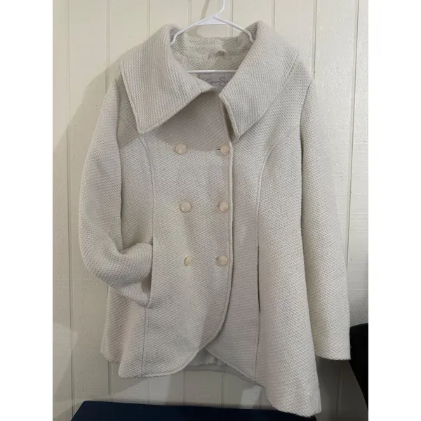 Jessica Simpson Ivory Wool Blend Double Breasted Pea Coat Large Statement Collar - Image 2