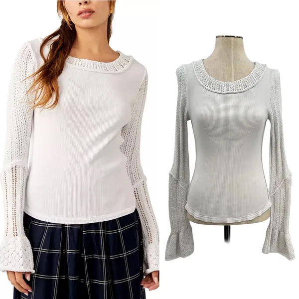 Free People Cuffing Season Top‎ Round-Neck Long-Sleeve Top White Size Medium - Image 2