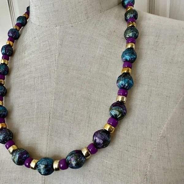 Blue purple and gold ribbon beaded necklace - Image 2
