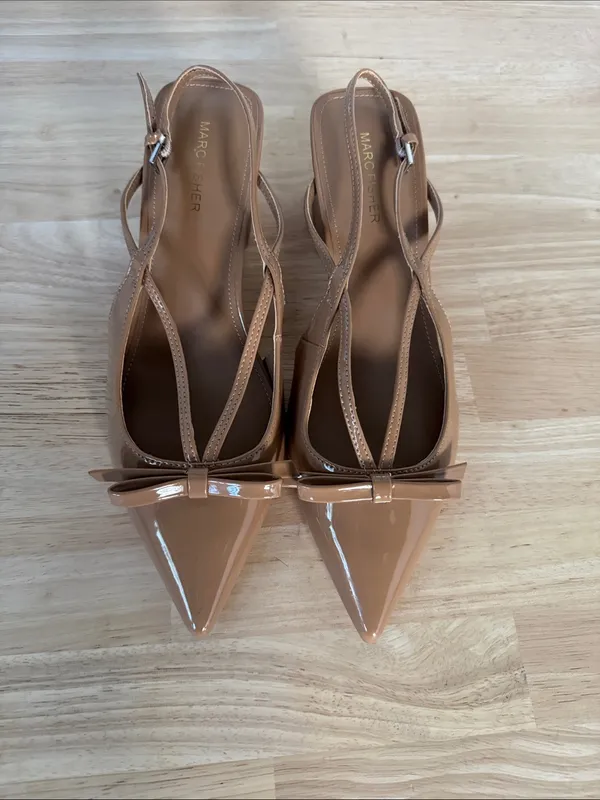 Marc Fisher Nude Patent Pointed-Toe Slingback Heels with Bow - Image 2