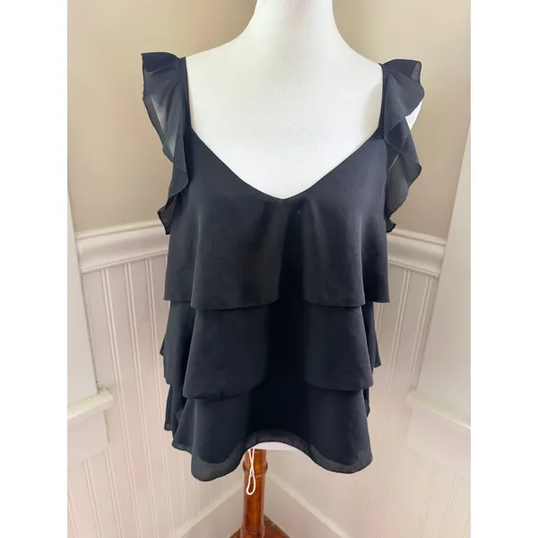 Cupcakes and Cashmere Black Tiered Ruffle Cami Flutter Strap Top Size‎ Medium - Image 2