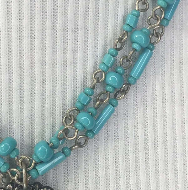 Vintage turquoise beaded painted rose pendant necklace multi strand 19” - Image 4