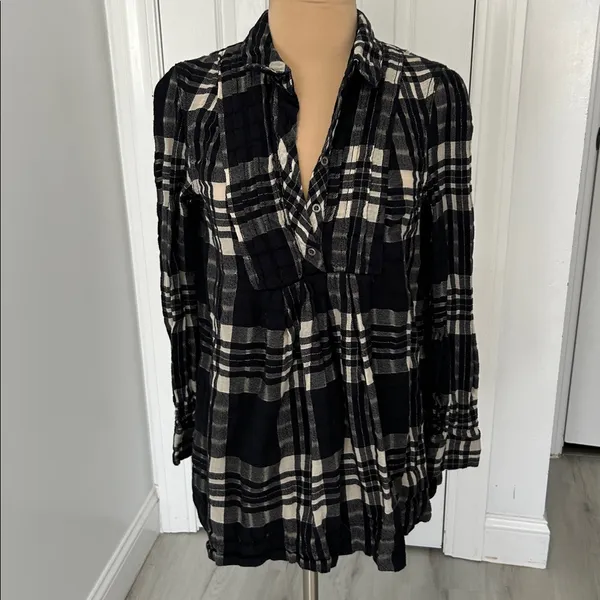 Free People Baby Blue Black Cream Plaid Button Up Tunic - Image 3