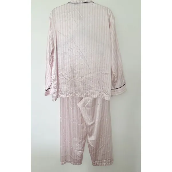 Rare VTG Y2K Victoria's Secret Pink Satin Striped Pajama Set Drawstring M -Stain - Image 3