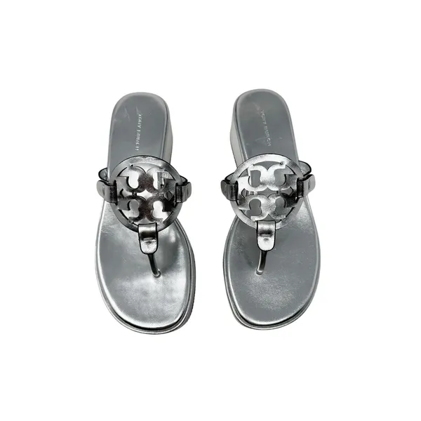 Tory Burch Miller Silver Metallic Leather Platform Wedge Sandals Logo Thong 7 - Image 3