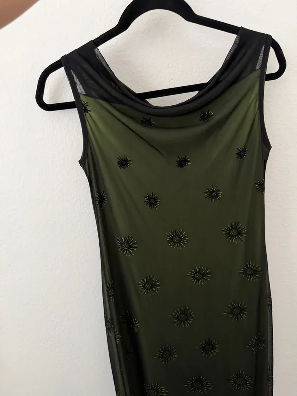 Sleeveless Olive Green Maxi Dress with Black Embroidered Overlay - Image 3