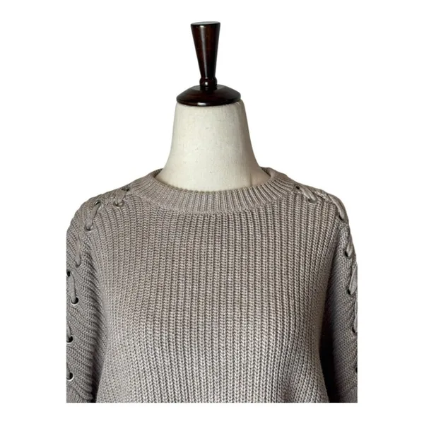 AllSaints Sweater Women XS Tan Crew Neck Cotton‎ Knit Aria Laced Short Jumper - Image 4