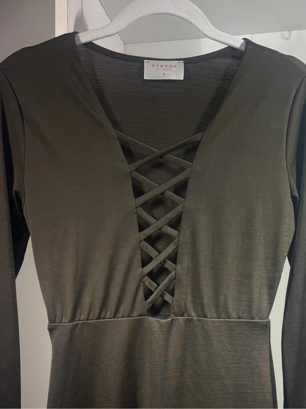 NYMPHE Olive Green Lace-Up V-Neck Mini Dress - Image 6