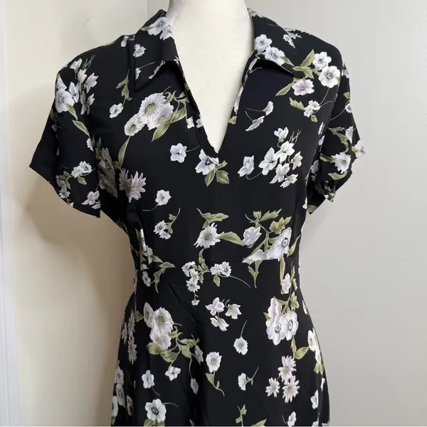 Vintage 90s B Moss Dark Floral Maxi Dress Women’s 13/14 Short Sleeve Collar - Image 3