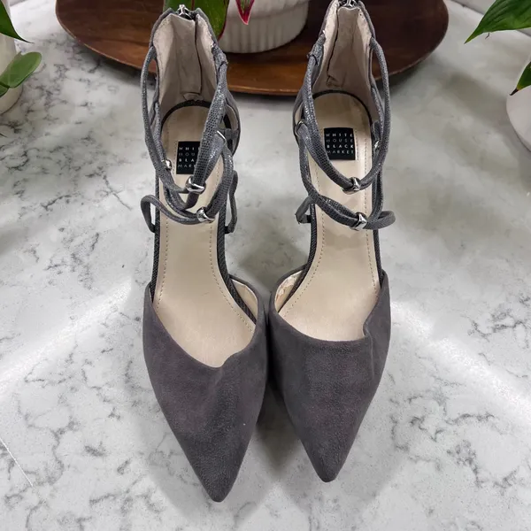 White House Black Market Grey Suede Strappy Pointed Toe Stiletto Heels Pumps - Image 2