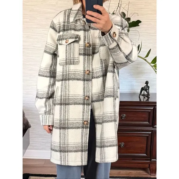 Wonderly Plaid Shacket Jacket XL Gray Cream Wool Blend Lined Button Front - Image 8