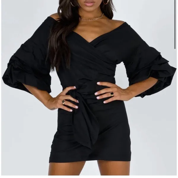 Lioness Cha Cha Wrap Mini Dress Women's M Black Off Shoulder Cocktail Party - Image 14