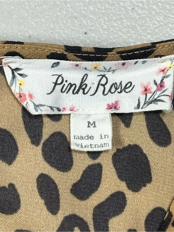 Pink Rose Leopard Print Blouse Women’s M Tan Black Short Sleeve Relaxed Top - Image 4