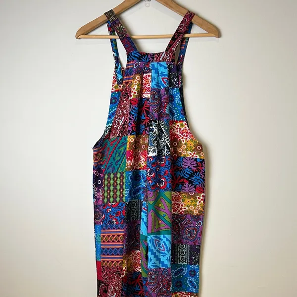 Incredible Retro Boho Multicolor Dopamine Dressing Patchwork 1970s Overalls Red Size M - Image 5