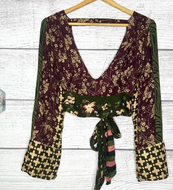 Z&L Boho Floral V-Neck Wrap Tie Long Sleeve Festival Crop Top Size Small - Image 12