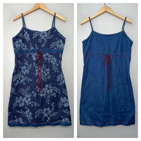 Y2K Size S M Reversible Floral Blue Jean Denim Mini Babydoll Jumper Dress - Image 2