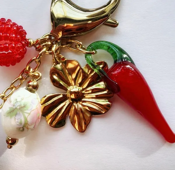 Red and gold handbag chain and keychain strawberry farm charms - Image 7