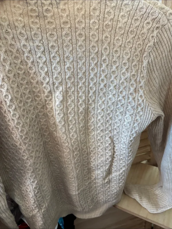 Laura Scott Beige Cable-Knit Henley Sweater Medium Petite - Image 5