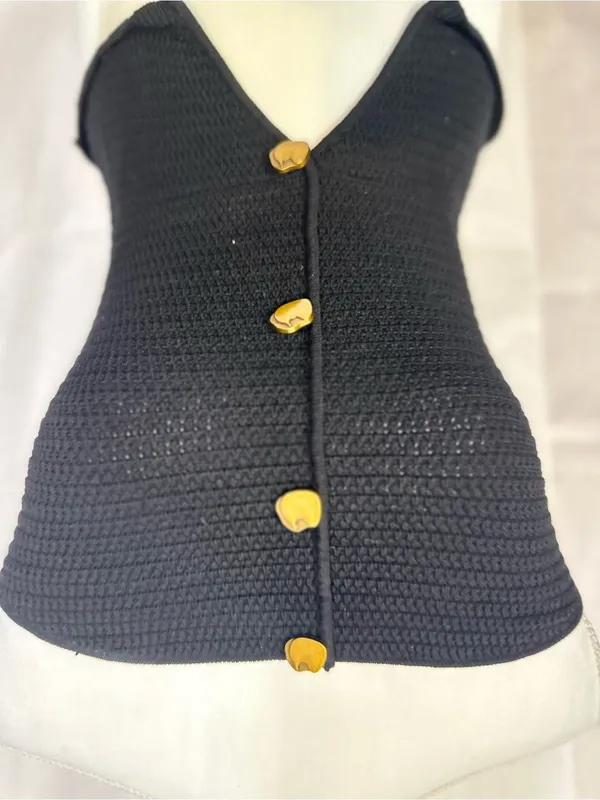 Zara Black Strapless Cropped Knit Top with Gold Buttons - Image 2