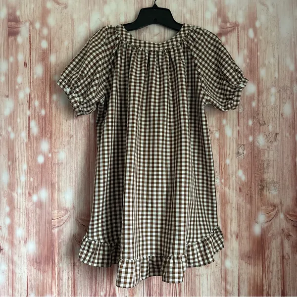 Unbranded Brown Gingham White Plaid Puff Sleeve Hi Lo Hem Button Front Top Sz S - Image 5