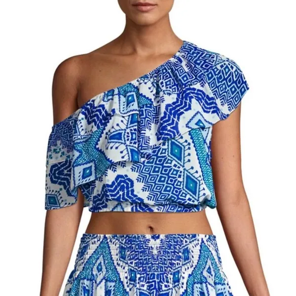 NWT RAMY Brook Milo Blue Printed Off The Shoulder Cropped Top Large Ruffle - Image 3