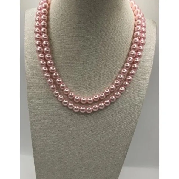 Vintage Pink Tone Double Strand Pink Faux Pearl Lightweight 33” Necklace - Image 2