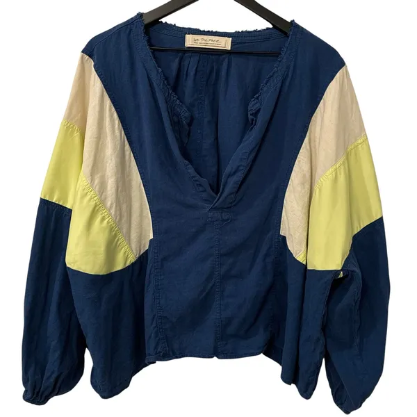 Free People We The Free Top Beating Hearts Colorblock Linen Blend Blue Sz Small - Image 2