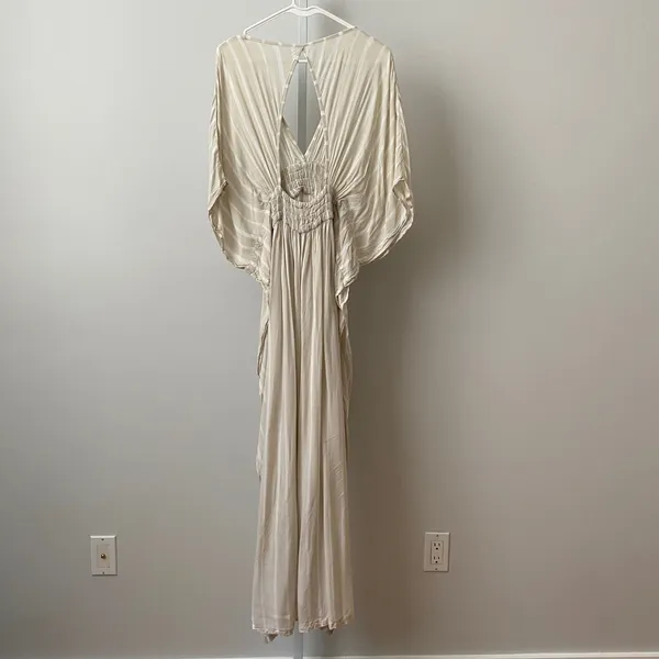 Indah Rayon Boho Beachy Coastal Flowy Striped Smocked Maxi Dress S/M Tan White - Image 4