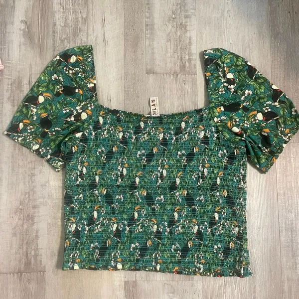 Dolan x Anthropologie Green Left Coast Smocked Puff Sleeved Top Tropical Bird XL - Image 8
