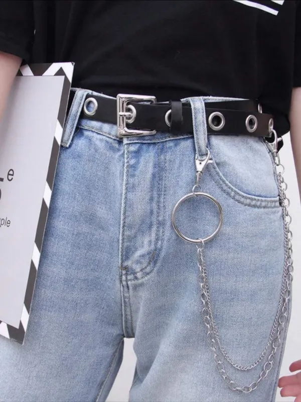 Black Grommet Belt with Silver Chain Accent New - Image 7