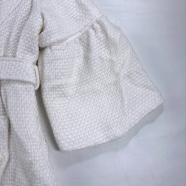 AB Studio Womens Jacket White Tweed Parisian Bell Sleeve Belted Peacoat Size 12‎ - Image 9