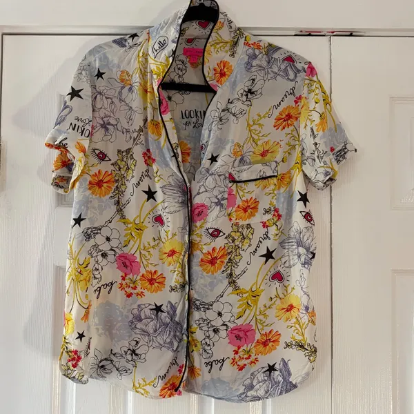 Betsey Johnson Pajama Set Small Floral Star Heart Print Rayon‎ 2pc PJ Size S - Image 3