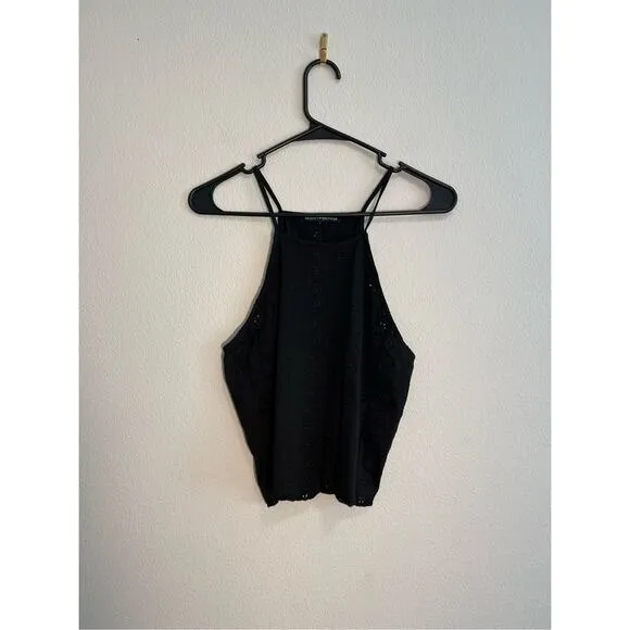 Brandy Melville Black Eyelet Halter Top Cropped Cotton Floral‎ Boho Tank - Image 2