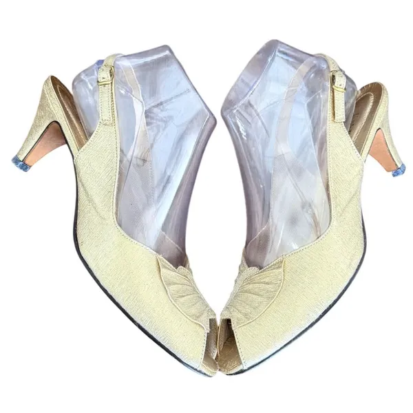 Vintage Hush Puppies Gold Slingback Peep Toe Heels‎ Women's Shoes 8.5 M - Image 5