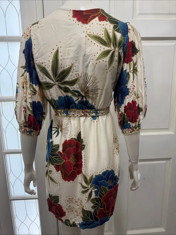 Farm Rio Floral Wrap Midi Dress in Cream with Blue & Red Blooms Size Small - Image 9