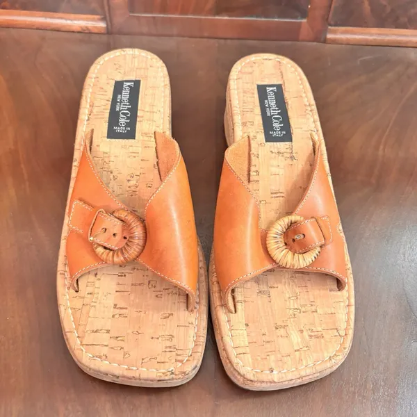 Kenneth Cole Cork Slide Sandals Brown‎ Leather Buckle Italy Womens Size 39/9 - Image 3