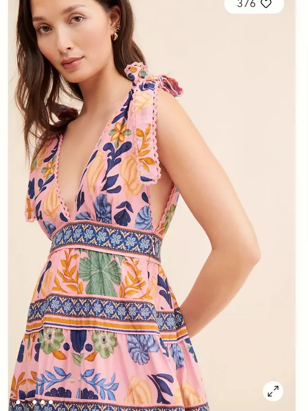 Farm Rio Seashell Tapestry Sleeveless Pink Floral Tie-Shoulder Maxi Dress - Image 3