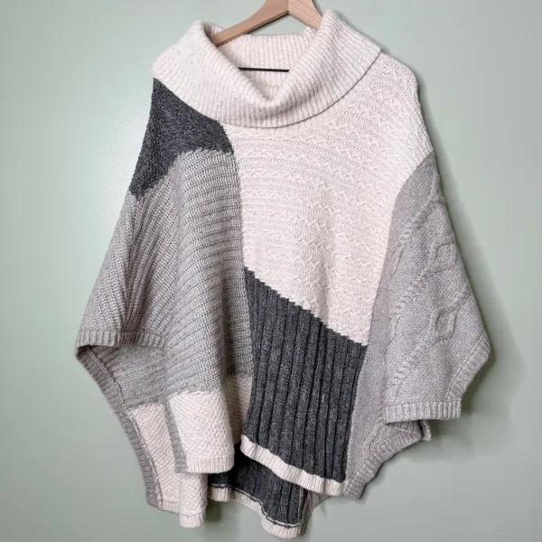 White House Black Market Wool Cowl Neck Patchwork Poncho Sweater Grey Medium - Image 8