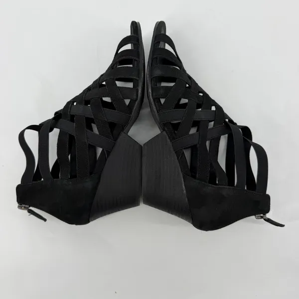 Eileen‎ Fisher Black Leather Strappy Cage Wedge Sandals Womens 8 Zip Back - Image 6