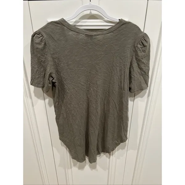 Left Of Center Olive Green Tunic T Shirt V Neck Round Raw Hem Cotton USA Boho - Image 3